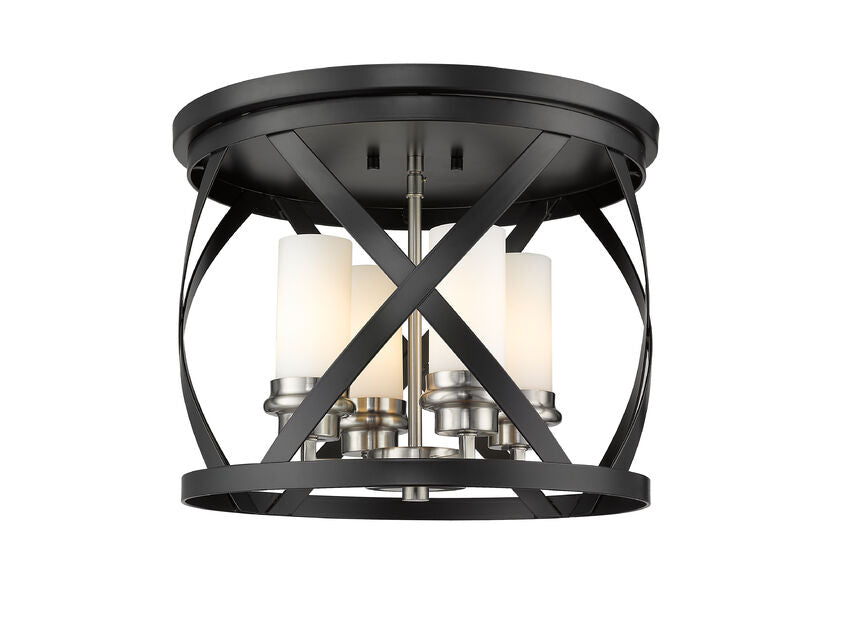 Z-Lite Malcalester 16" 4-Light Matte Black and Brushed Nickel Flush Mount Lighting With White Glass Shade