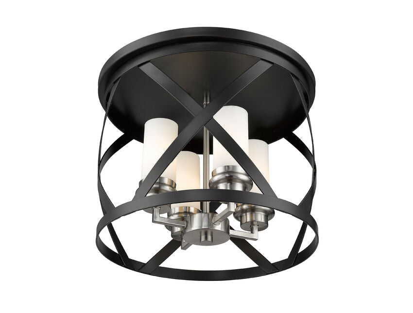 Z-Lite Malcalester 16" 4-Light Matte Black and Brushed Nickel Flush Mount Lighting With White Glass Shade