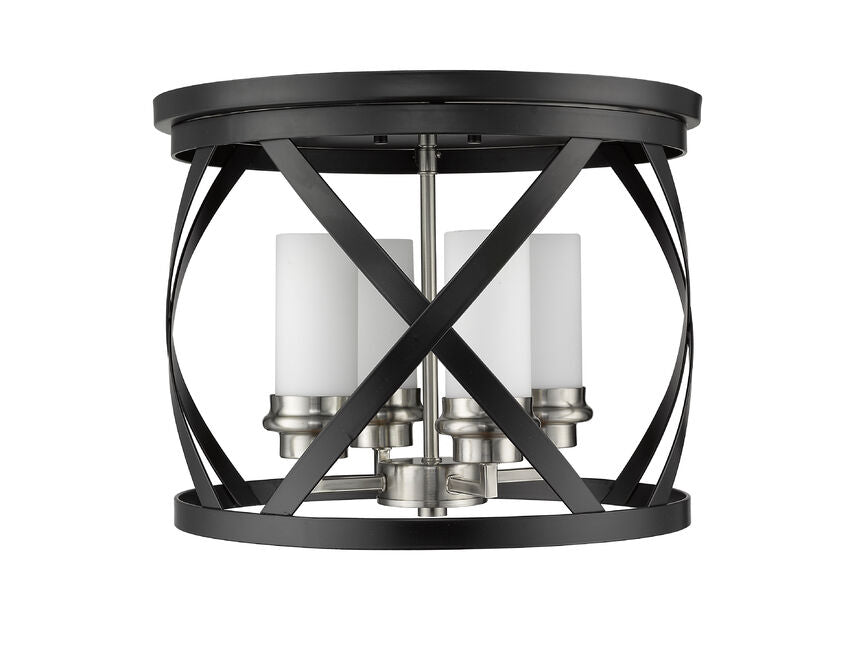 Z-Lite Malcalester 16" 4-Light Matte Black and Brushed Nickel Flush Mount Lighting With White Glass Shade