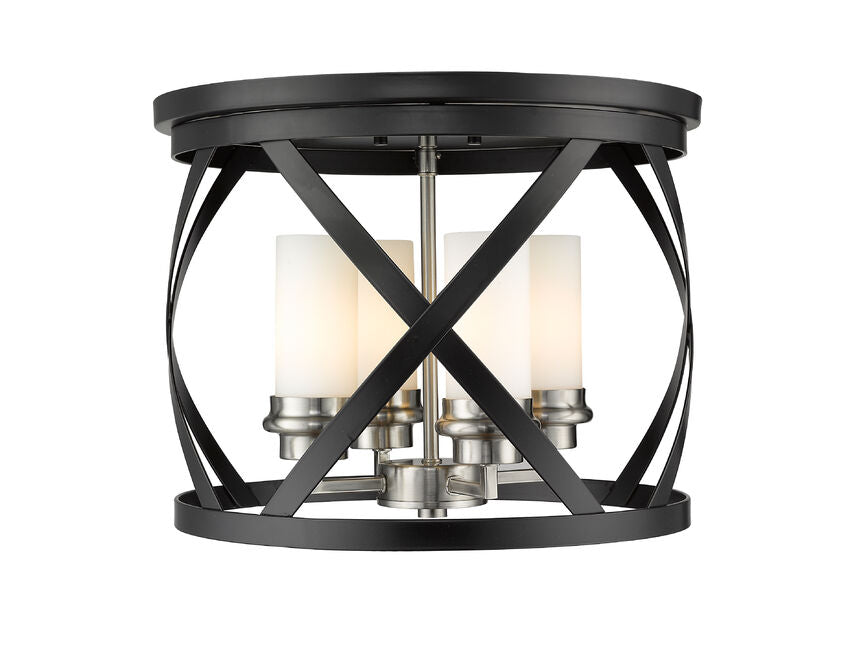 Z-Lite Malcalester 16" 4-Light Matte Black and Brushed Nickel Flush Mount Lighting With White Glass Shade