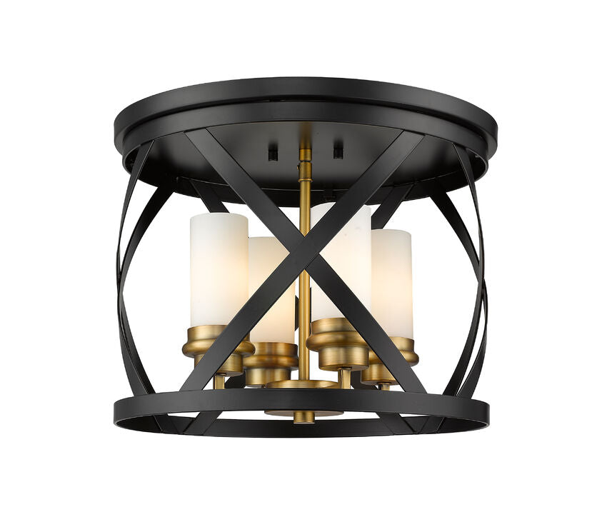 Z-Lite Malcalester 16" 4-Light Matte Black and Olde Brass Flush Mount Lighting With White Glass Shade