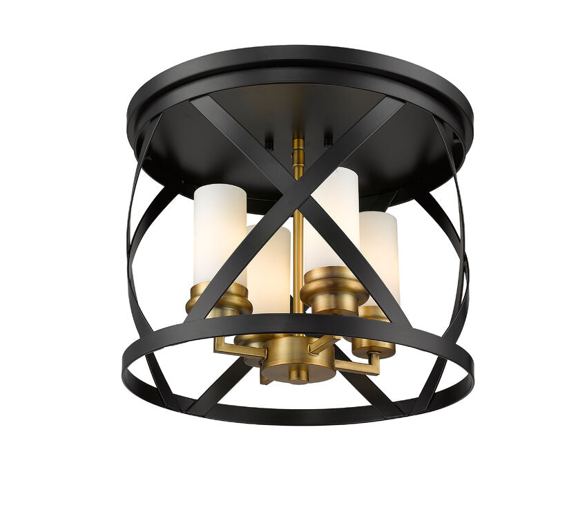 Z-Lite Malcalester 16" 4-Light Matte Black and Olde Brass Flush Mount Lighting With White Glass Shade