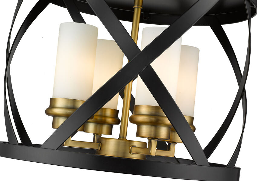 Z-Lite Malcalester 16" 4-Light Matte Black and Olde Brass Flush Mount Lighting With White Glass Shade