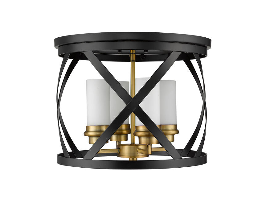 Z-Lite Malcalester 16" 4-Light Matte Black and Olde Brass Flush Mount Lighting With White Glass Shade