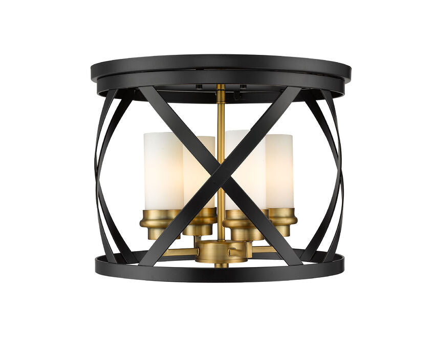 Z-Lite Malcalester 16" 4-Light Matte Black and Olde Brass Flush Mount Lighting With White Glass Shade