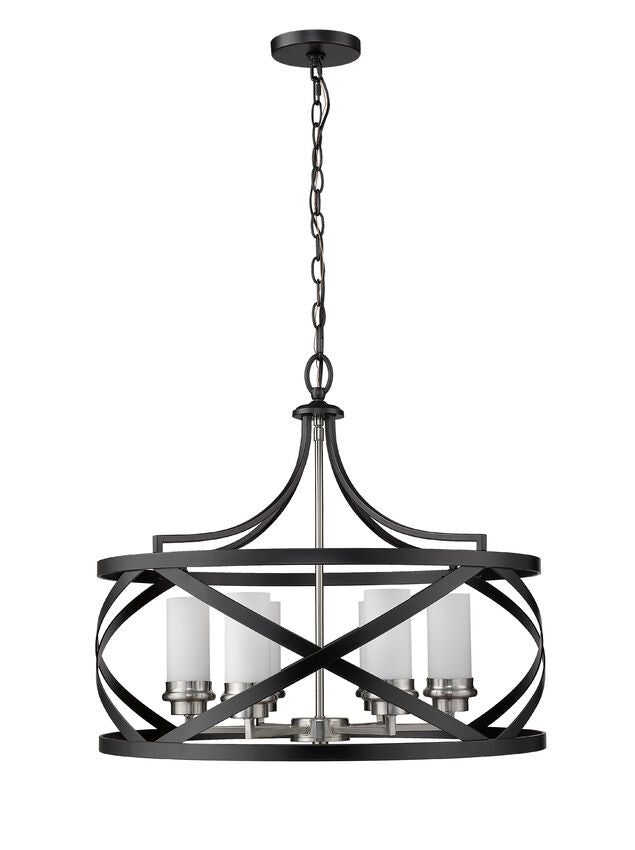 Z-Lite Malcalester 24" 6-Light Matte Black and Brushed Nickel Pendant Light With White Glass Shade