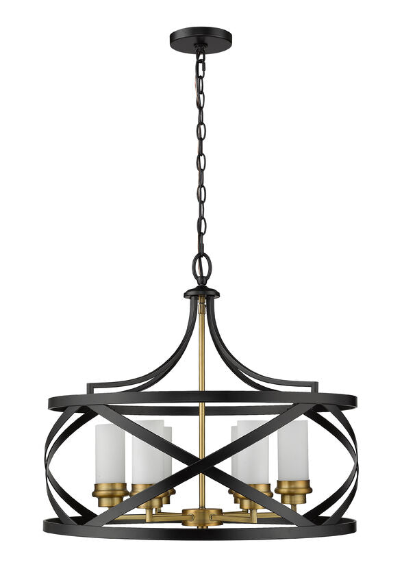 Z-Lite Malcalester 24" 6-Light Matte Black and Olde Brass Pendant Light With White Glass Shade