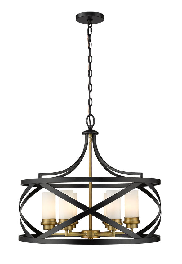 Z-Lite Malcalester 24" 6-Light Matte Black and Olde Brass Pendant Light With White Glass Shade