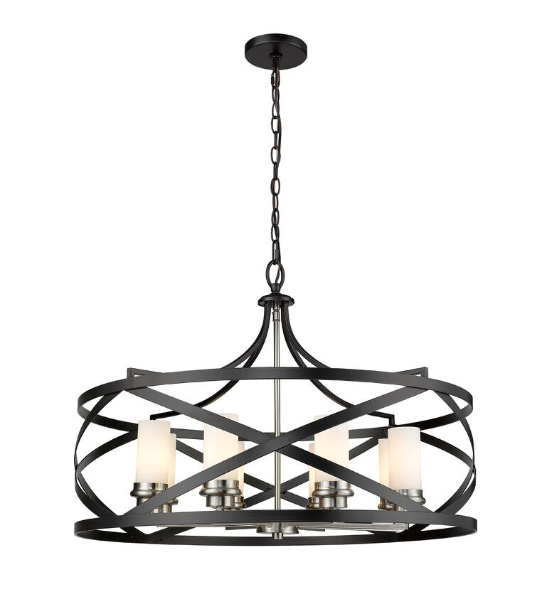 Z-Lite Malcalester 30" 8-Light Matte Black and Brushed Nickel Pendant Light With White Glass Shade