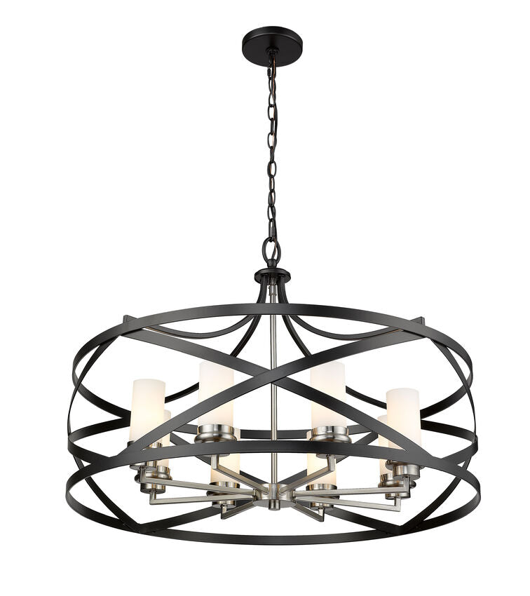 Z-Lite Malcalester 30" 8-Light Matte Black and Brushed Nickel Pendant Light With White Glass Shade