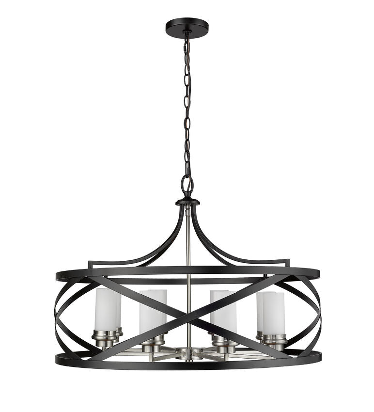 Z-Lite Malcalester 30" 8-Light Matte Black and Brushed Nickel Pendant Light With White Glass Shade