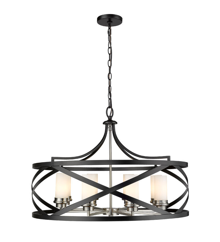 Z-Lite Malcalester 30" 8-Light Matte Black and Brushed Nickel Pendant Light With White Glass Shade