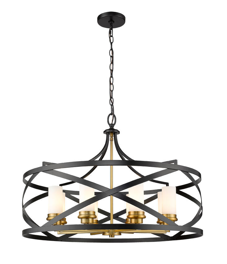 Z-Lite Malcalester 30" 8-Light Matte Black and Olde Brass Pendant Light With White Glass Shade