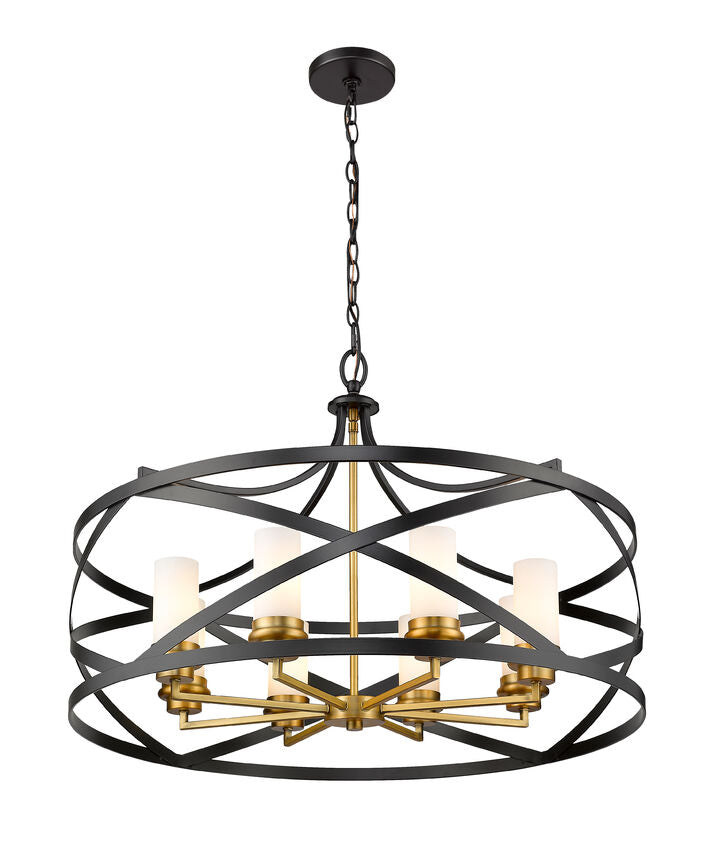 Z-Lite Malcalester 30" 8-Light Matte Black and Olde Brass Pendant Light With White Glass Shade