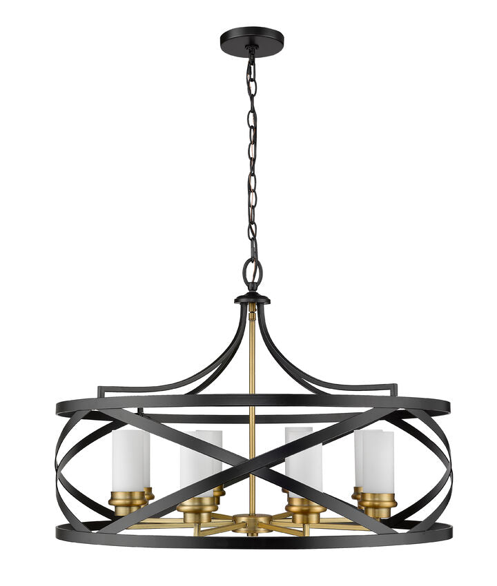 Z-Lite Malcalester 30" 8-Light Matte Black and Olde Brass Pendant Light With White Glass Shade