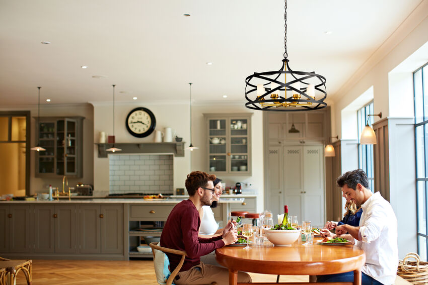 Z-Lite Malcalester 30" 8-Light Matte Black and Olde Brass Pendant Light With White Glass Shade