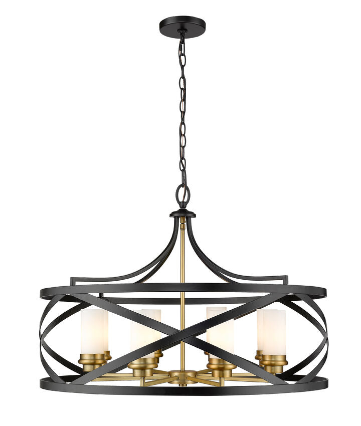 Z-Lite Malcalester 30" 8-Light Matte Black and Olde Brass Pendant Light With White Glass Shade