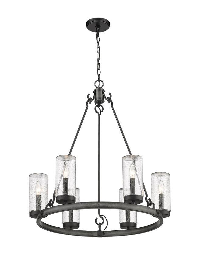 Z-Lite Marlow 28" 6-Light Ashen Barnboard Outdoor Pendant Light With Seedy Glass Shade