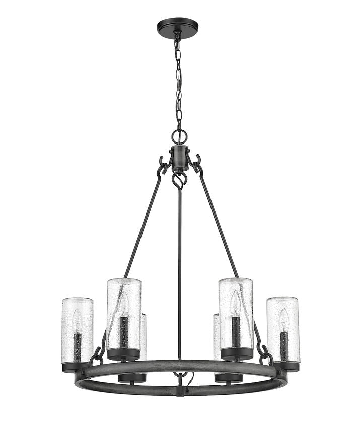 Z-Lite Marlow 28" 6-Light Ashen Barnboard Outdoor Pendant Light With Seedy Glass Shade