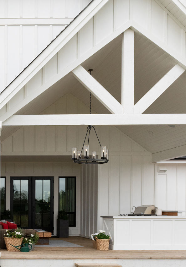 Z-Lite Marlow 28" 6-Light Ashen Barnboard Outdoor Pendant Light With Seedy Glass Shade