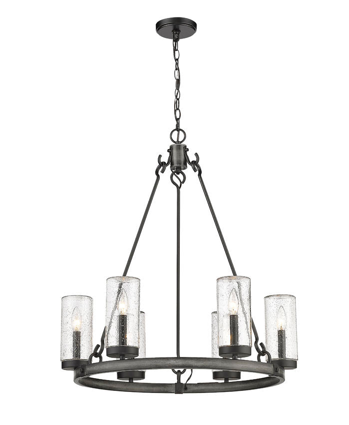 Z-Lite Marlow 28" 6-Light Ashen Barnboard Outdoor Pendant Light With Seedy Glass Shade
