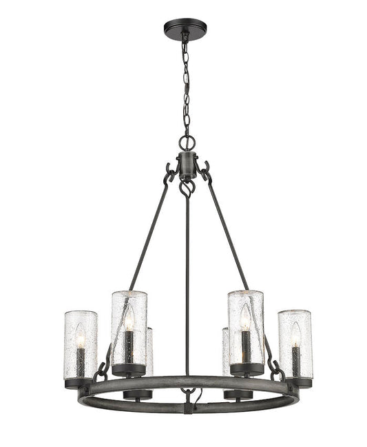 Z-Lite Marlow 28" 6-Light Ashen Barnboard Outdoor Pendant Light With Seedy Glass Shade