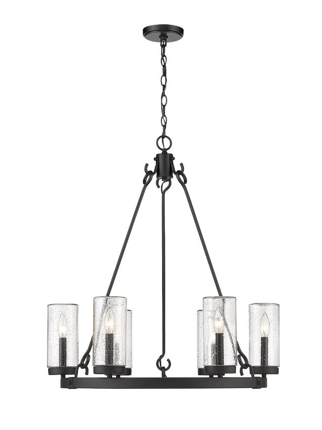 Z-Lite Marlow 28" 6-Light Matte Black Outdoor Pendant Light With Seedy Glass Shade