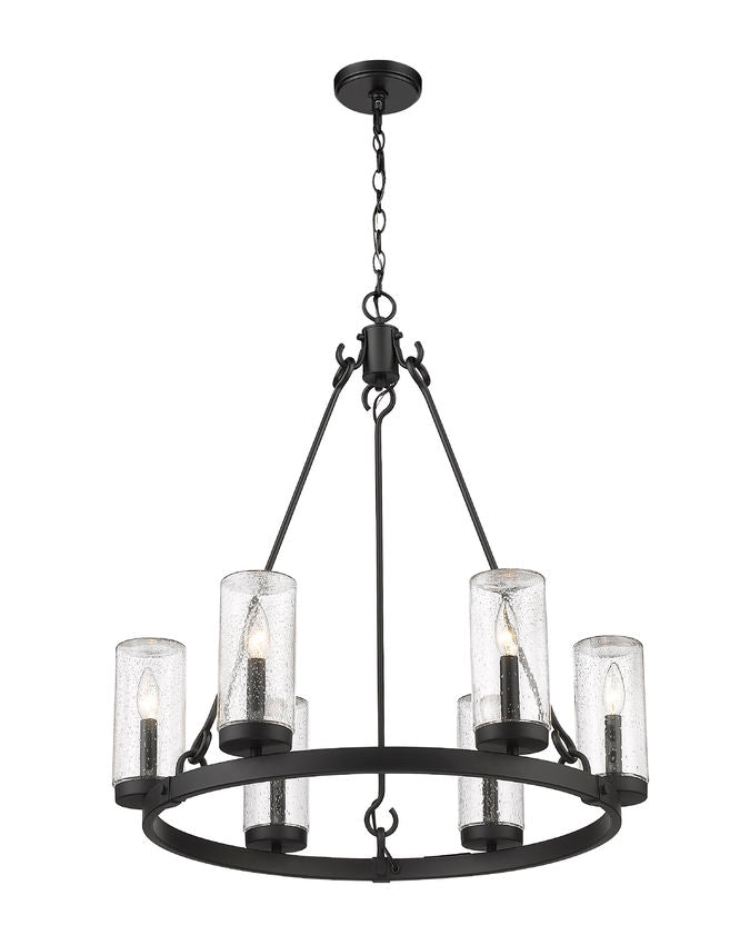 Z-Lite Marlow 28" 6-Light Matte Black Outdoor Pendant Light With Seedy Glass Shade