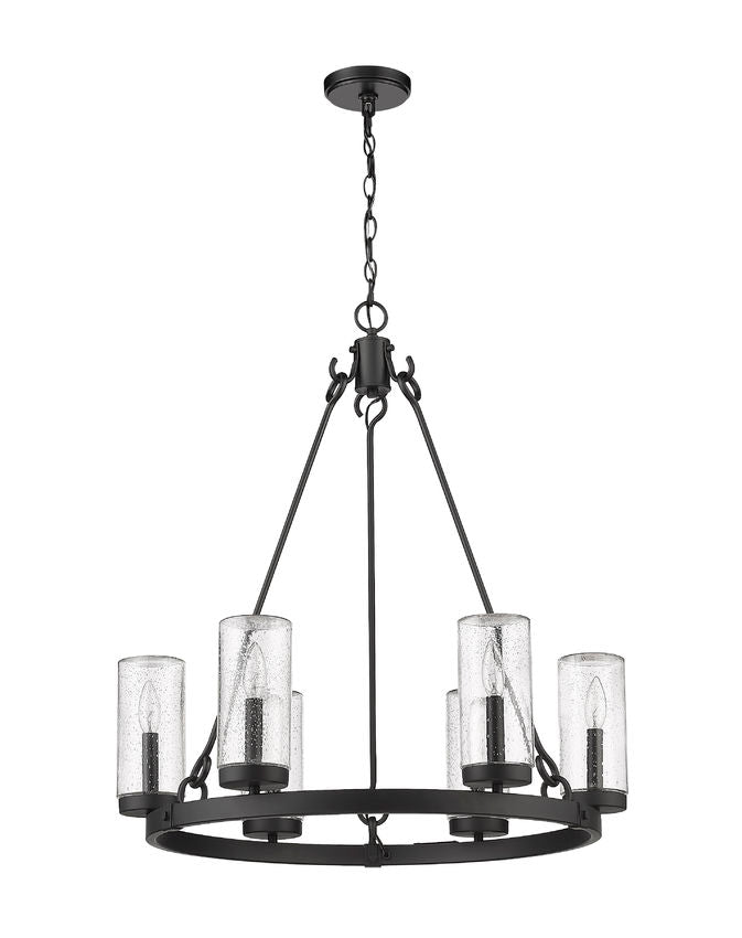 Z-Lite Marlow 28" 6-Light Matte Black Outdoor Pendant Light With Seedy Glass Shade