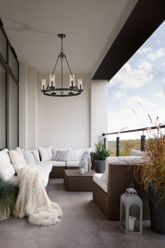 Z-Lite Marlow 28" 6-Light Matte Black Outdoor Pendant Light With Seedy Glass Shade