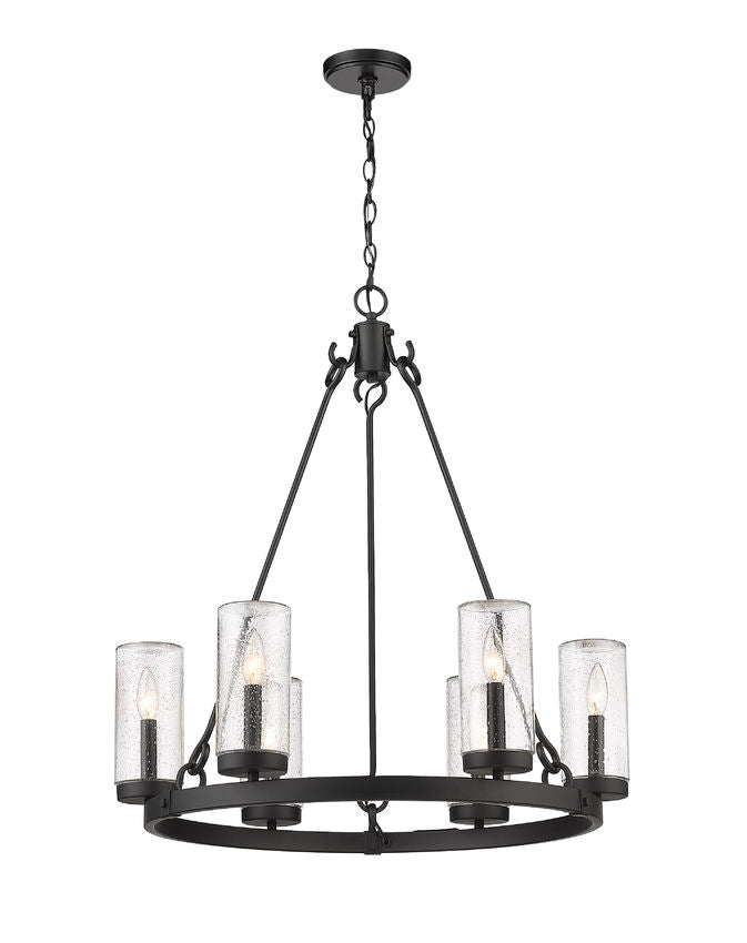 Z-Lite Marlow 28" 6-Light Matte Black Outdoor Pendant Light With Seedy Glass Shade