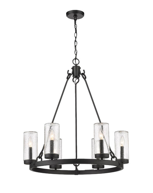 Z-Lite Marlow 28" 6-Light Matte Black Outdoor Pendant Light With Seedy Glass Shade