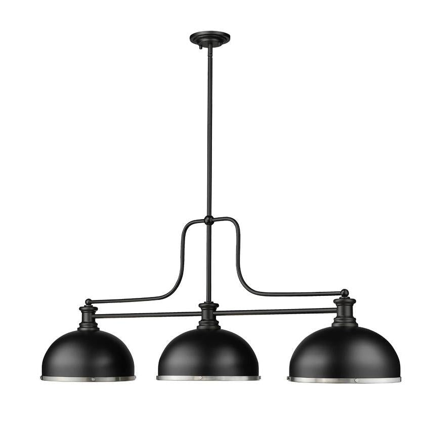 Z-Lite Melange 14" 3-Light Matte Black Billiard Island Light With Matte Black and Brushed Nickel Brass Shade