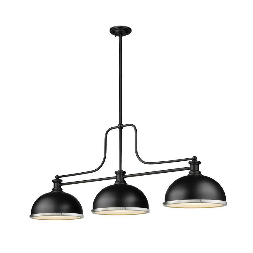 Z-Lite Melange 14" 3-Light Matte Black Billiard Island Light With Matte Black and Brushed Nickel Brass Shade
