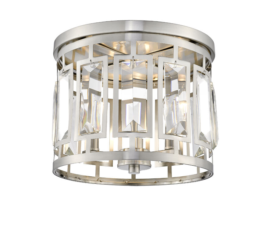 Z-Lite Mersesse 13" 3-Light Brushed Nickel Flush Mount Lighting With Clear Crystal and Chrome Steel Shade