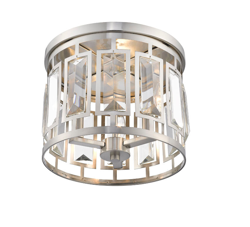 Z-Lite Mersesse 13" 3-Light Brushed Nickel Flush Mount Lighting With Clear Crystal and Chrome Steel Shade