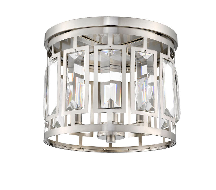 Z-Lite Mersesse 13" 3-Light Brushed Nickel Flush Mount Lighting With Clear Crystal and Chrome Steel Shade