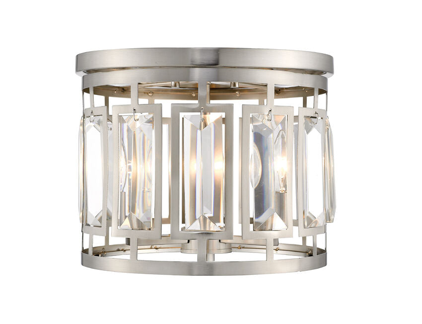 Z-Lite Mersesse 13" 3-Light Brushed Nickel Flush Mount Lighting With Clear Crystal and Chrome Steel Shade