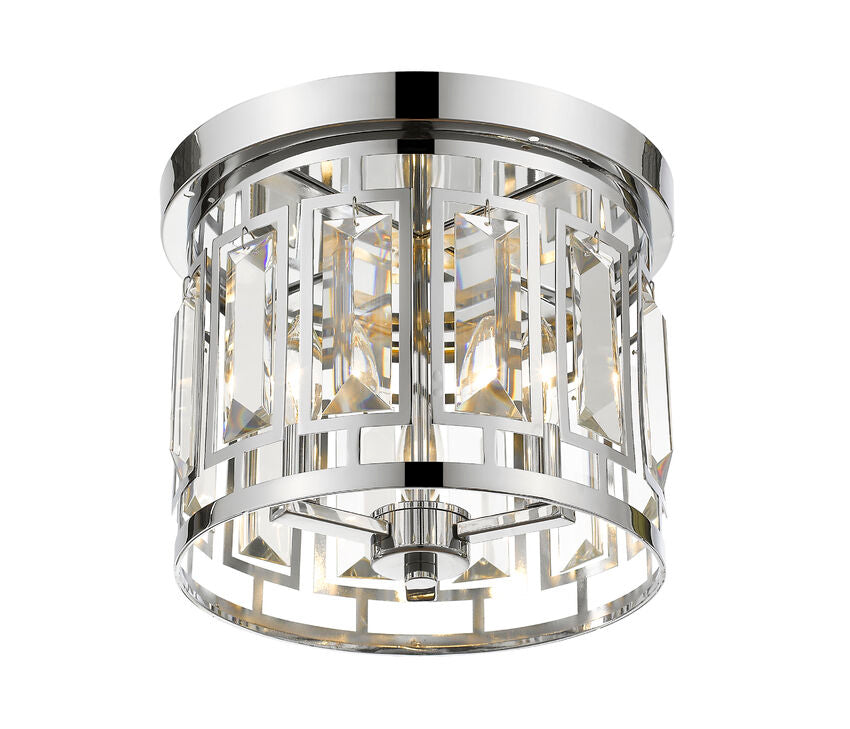 Z-Lite Mersesse 13" 3-Light Chrome Flush Mount Lighting With Clear Crystal and Chrome Steel Shade