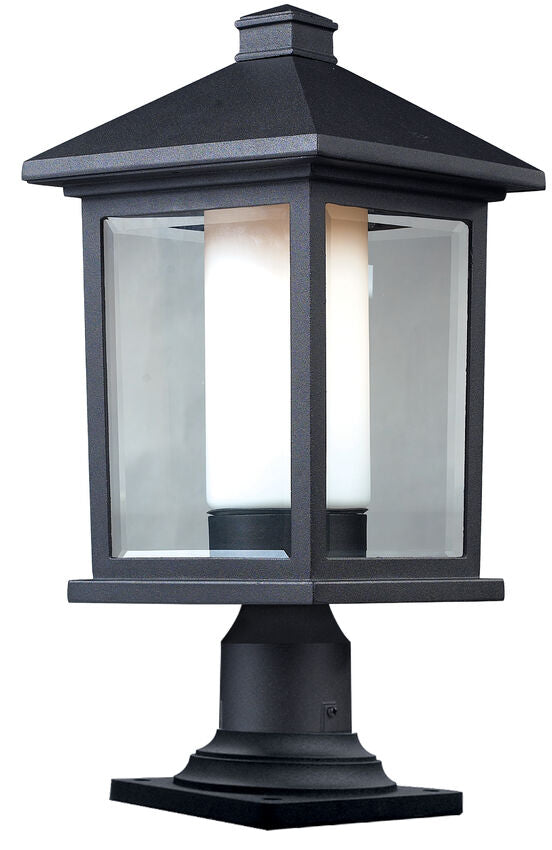 Z-Lite Mesa 10" 1-Light Black Outdoor Pier Mounted Fixture With Clear Beveled and Matte Opal Glass Shade and Square Pier Mount Hardware