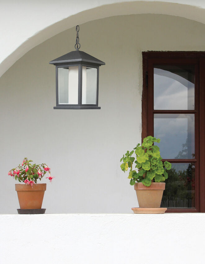 Z-Lite Mesa 8" 1-Light Black Aluminum Outdoor Chain Mount Ceiling Fixture With Clear Beveled and Matte Opal Glass Shade