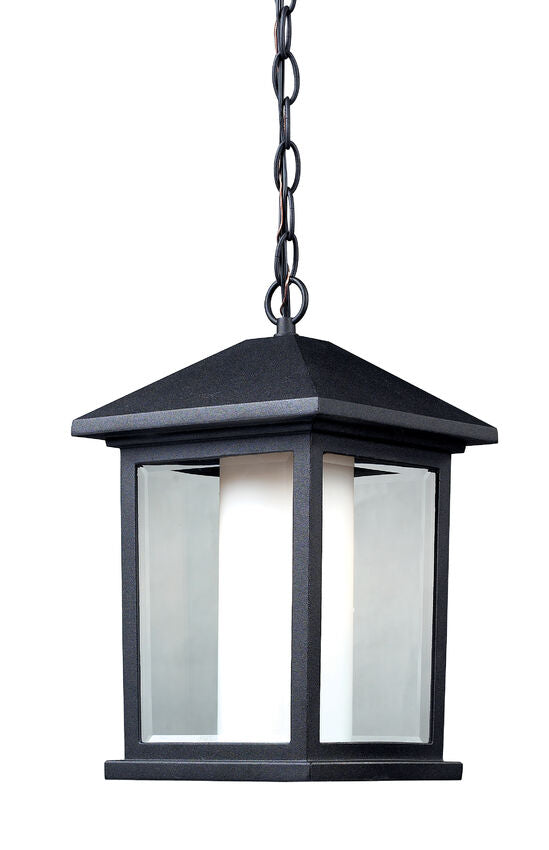 Z-Lite Mesa 8" 1-Light Black Aluminum Outdoor Chain Mount Ceiling Fixture With Clear Beveled and Matte Opal Glass Shade