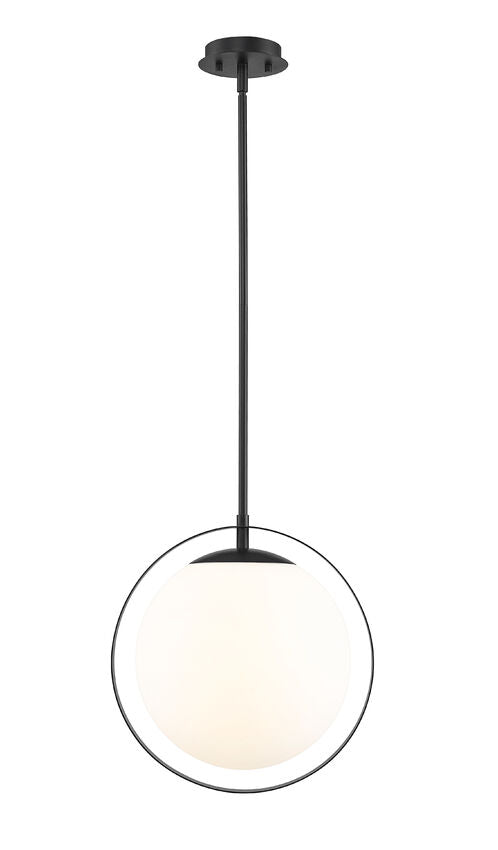 Z-Lite Midnetic 12" 1-Light Matte Black Mini Pendant Light With Matte Opal Glass Shade