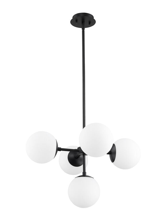 Z-Lite Midnetic 22" 5-Light Matte Black Pendant Light With Matte Opal Glass Shade