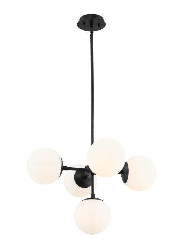 Z-Lite Midnetic 22" 5-Light Matte Black Pendant Light With Matte Opal Glass Shade