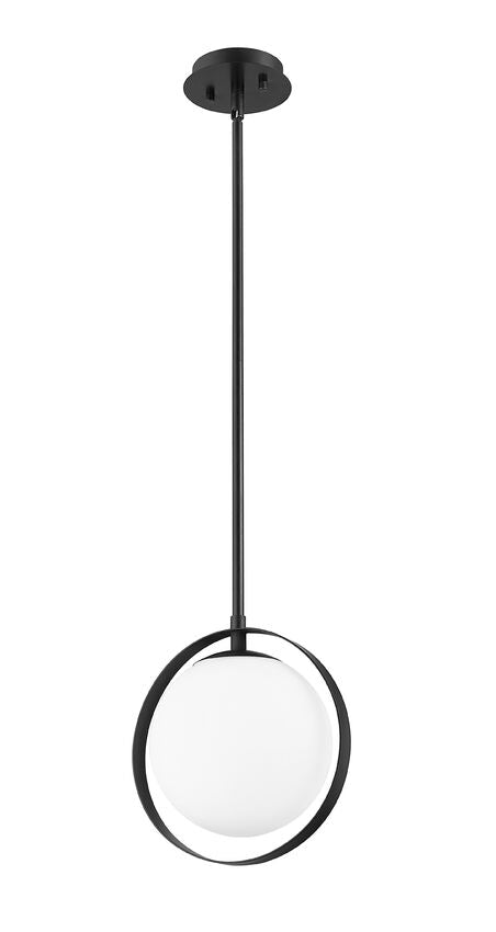 Z-Lite Midnetic 8" 1-Light Matte Black Mini Pendant Light With Matte Opal Glass Shade