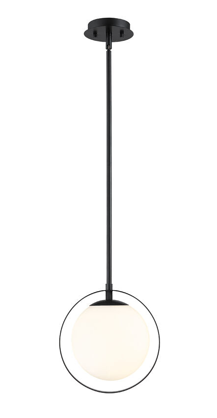 Z-Lite Midnetic 8" 1-Light Matte Black Mini Pendant Light With Matte Opal Glass Shade