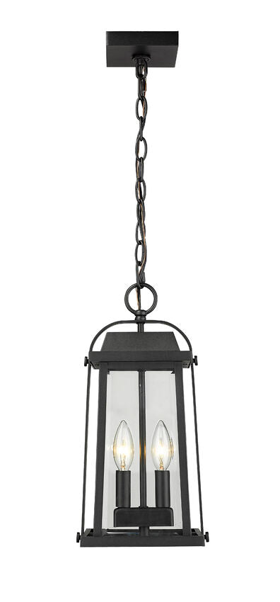 Z-Lite Millworks 8" 2-Light Black Aluminum Outdoor Chain Mount Ceiling Fixture With Clear Beveled Glass Shade