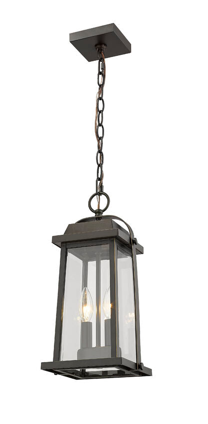 Z-Lite Millworks 8" 2-Light Oil Rubbed Bronze Aluminum Outdoor Chain Mount Ceiling Fixture With Clear Beveled Glass Shade