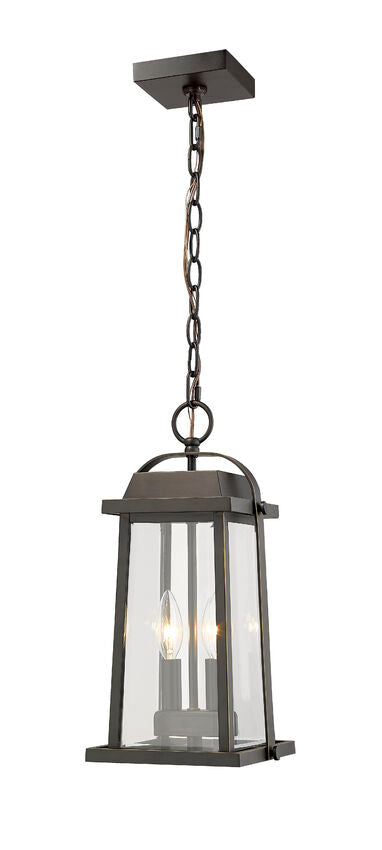 Z-Lite Millworks 8" 2-Light Oil Rubbed Bronze Aluminum Outdoor Chain Mount Ceiling Fixture With Clear Beveled Glass Shade